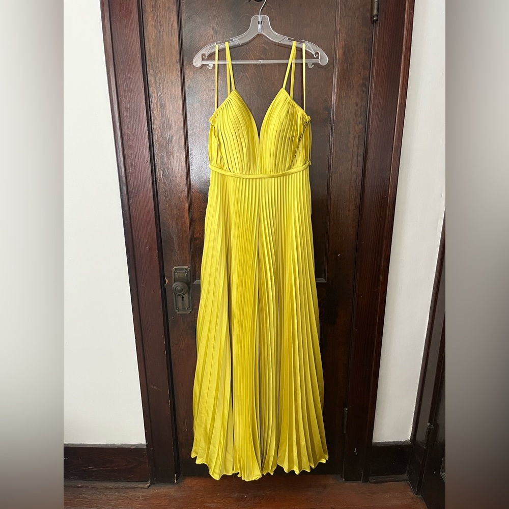 Leena for Mac Duggal Pleated Satin Wide Leg Jumpsuit in Chartreuse